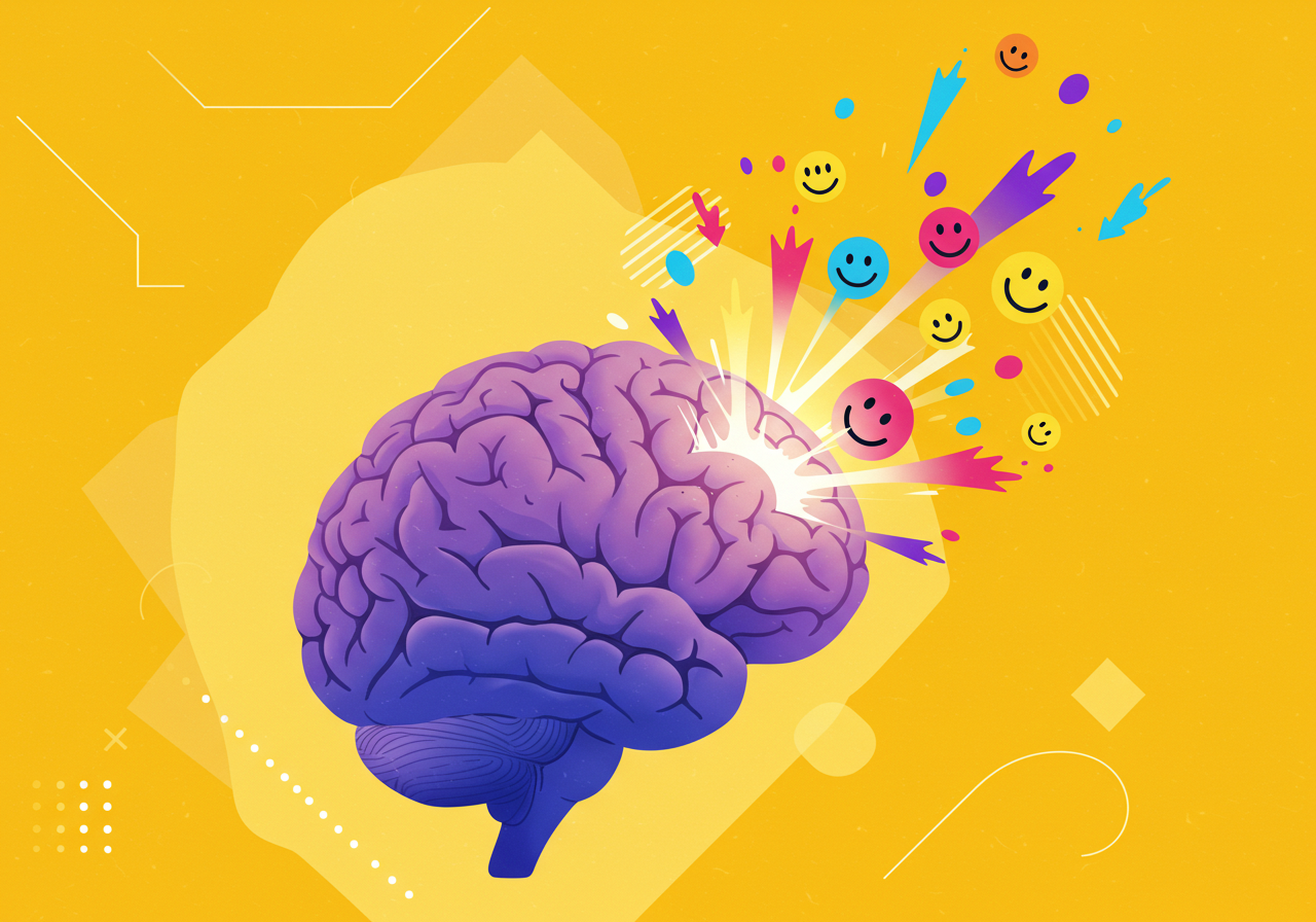 Ilustración de un cerebro iluminándose con destellos de dopamina o figuras abstractas de felicidad/inspiración.