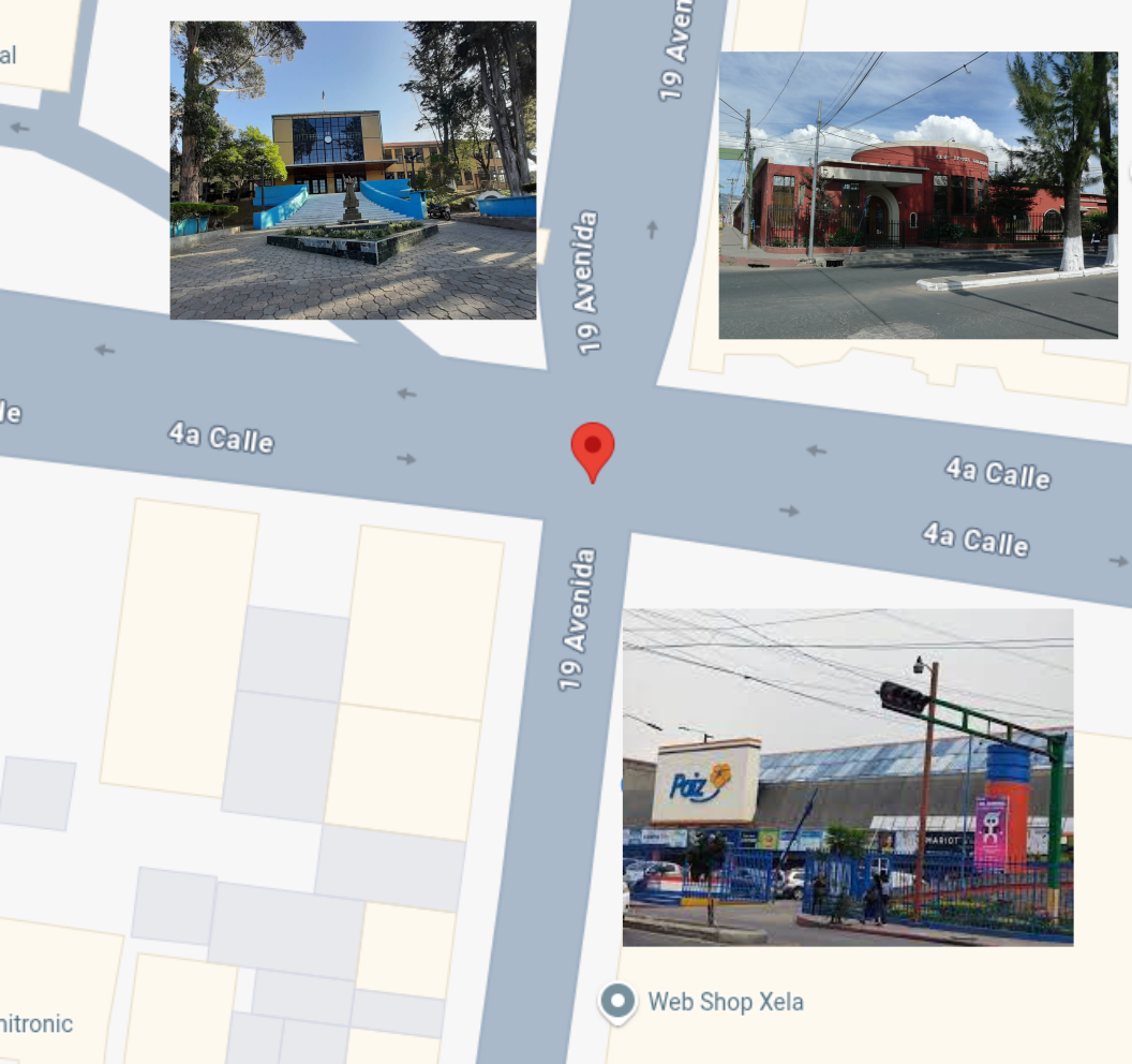 Mapa de Quetzaltenango señalando la Zona 3, 19 Av y 4ta Calle
